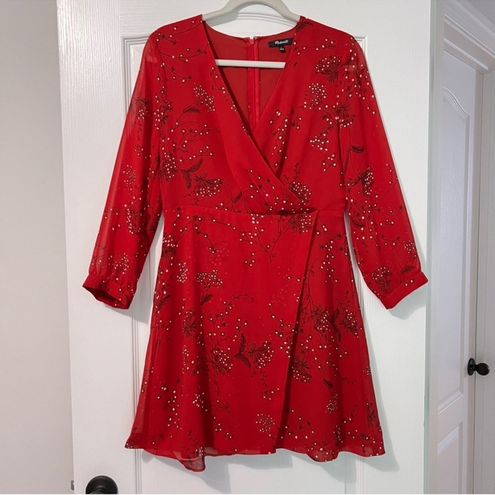 Madewell Hazelwood Red Floral Wrap Front Long Sleeve Knee Length Dress